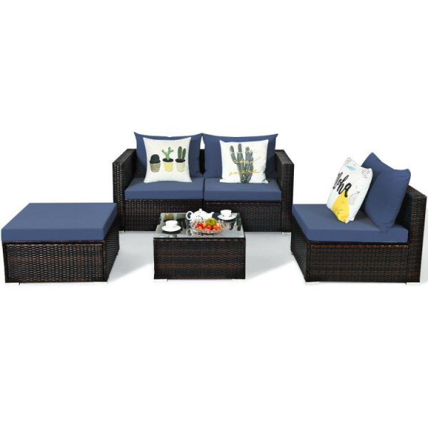 5 Pieces Patio Rattan Sectional Furniture Set with Cushions and Coffee Table Cheap