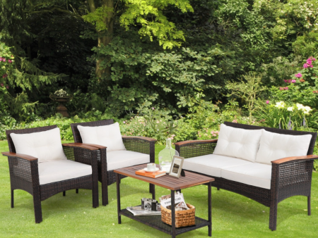 4 Pieces Patio Rattan Acacia Wood Furniture Set with Cushions and Armrest Online Hot Sale