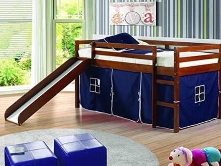 Kids Mission Low Slide Loft Bed Light Espresso Twin Blue Tent For Cheap