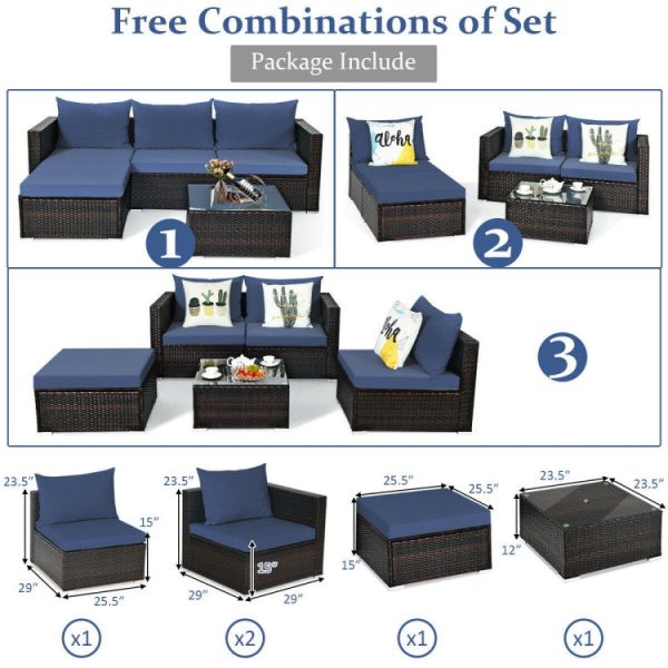 5 Pieces Patio Rattan Sectional Furniture Set with Cushions and Coffee Table Cheap