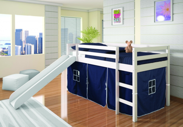 Kids Mission Low Slide Loft Bed White Twin Blue Tent Discount