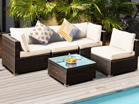 5 Pieces Cushioned Patio Rattan Furniture Set with Glass Table Sale