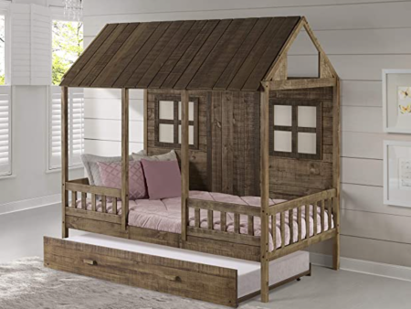 Kids Front Porch Low w Twin Trundle Bed, Rustic Driftwood Loft Supply