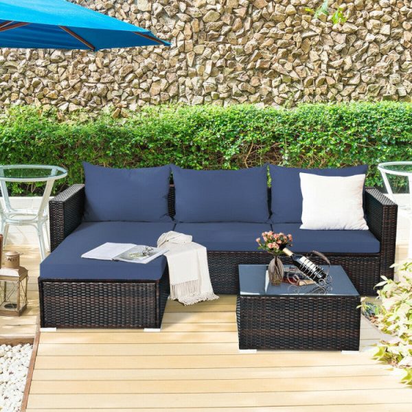 5 Pieces Patio Rattan Sectional Furniture Set with Cushions and Coffee Table Cheap