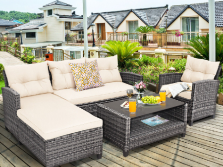 4 Pieces Patio Rattan Furniture Set with Cushion and Table Shelf Discount