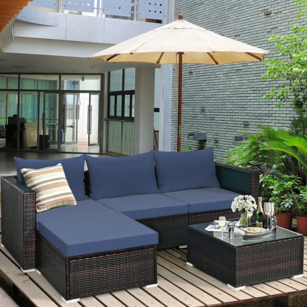 5 Pieces Patio Rattan Sectional Furniture Set with Cushions and Coffee Table Cheap