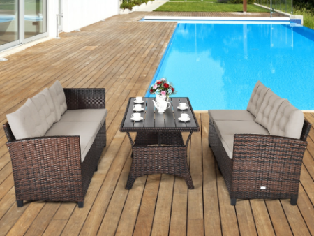 3 Pieces Hand-Woven Rattan Outdoor Sofa Set with Dining Table Online Sale