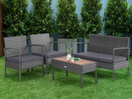 4 Pieces Rattan Patio Conversation Furniture Set with Acacia Wood Tabletop Discount