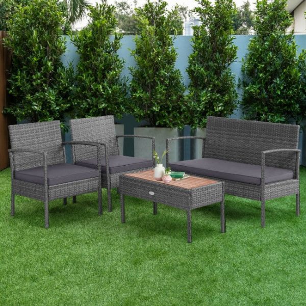 4 Pieces Rattan Patio Conversation Furniture Set with Acacia Wood Tabletop Discount