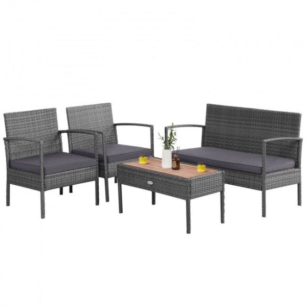 4 Pieces Rattan Patio Conversation Furniture Set with Acacia Wood Tabletop Discount